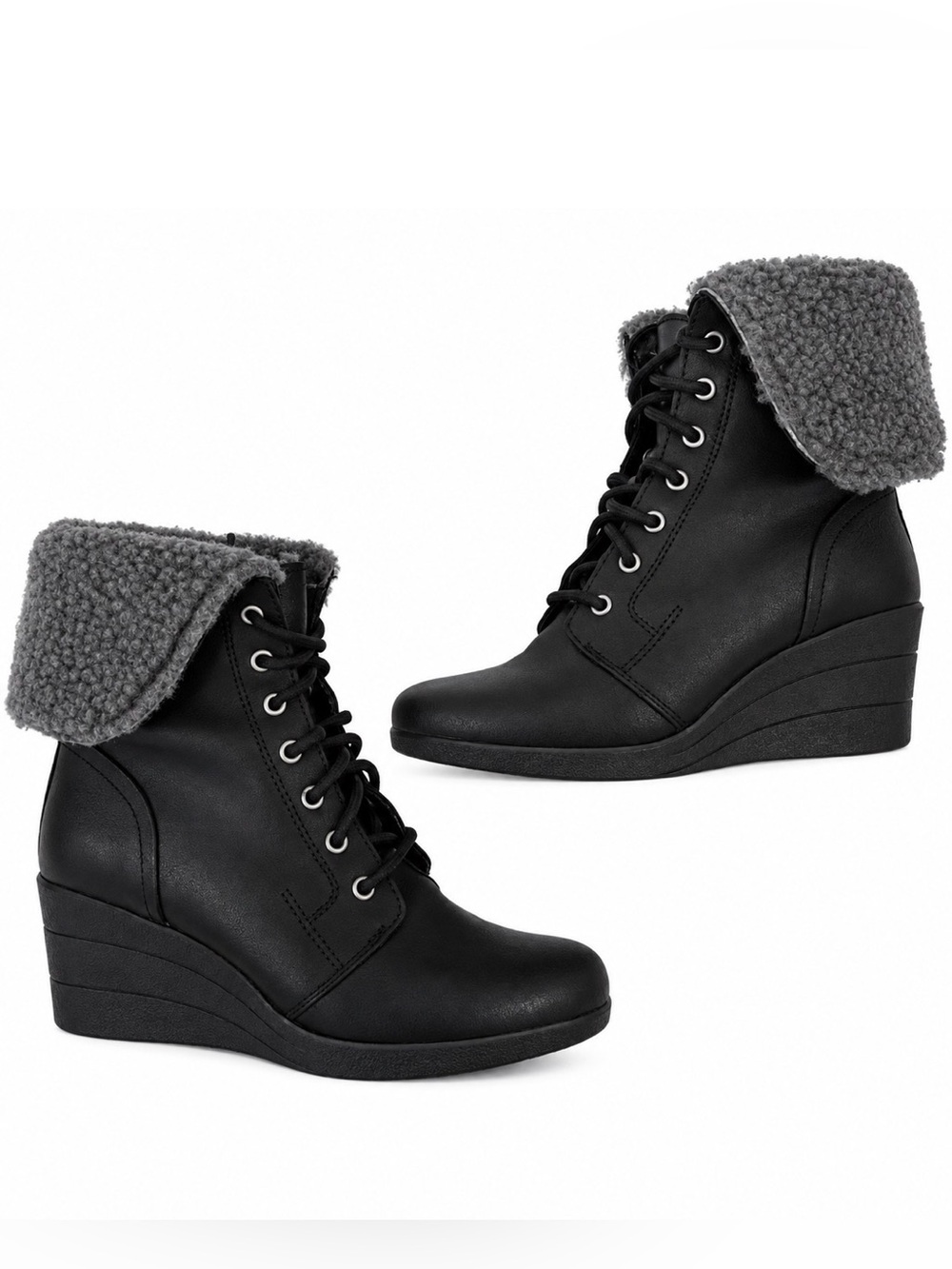 UGG Black Lace-Up Wedge Ankle Boots with Gray Shearling Cuff
